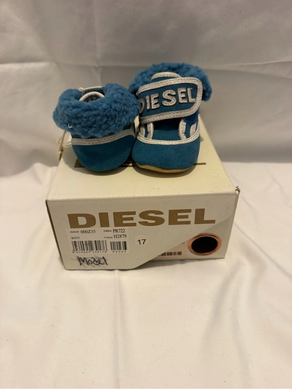 Baby Blue Suede Booties Size 4 Infant Shearling Velcro - Diesel